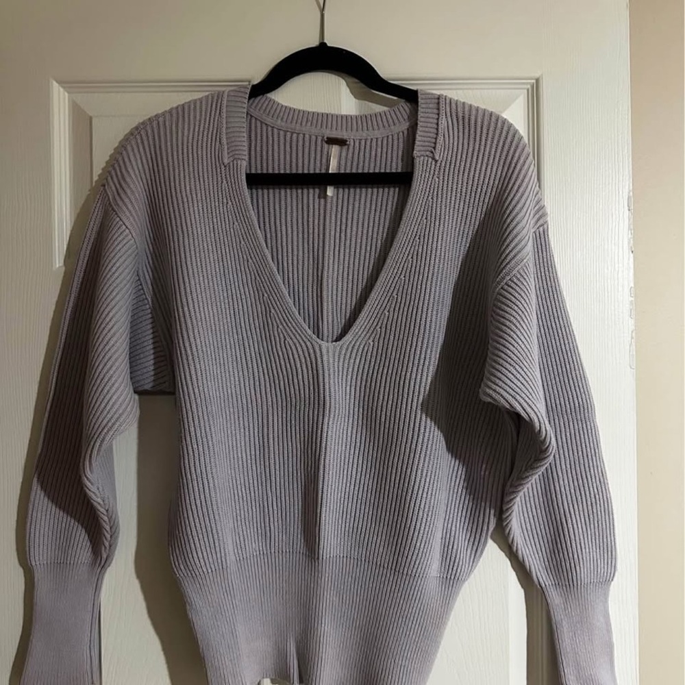 Free People Gray V-Neck Sweater with Ribbed Knit